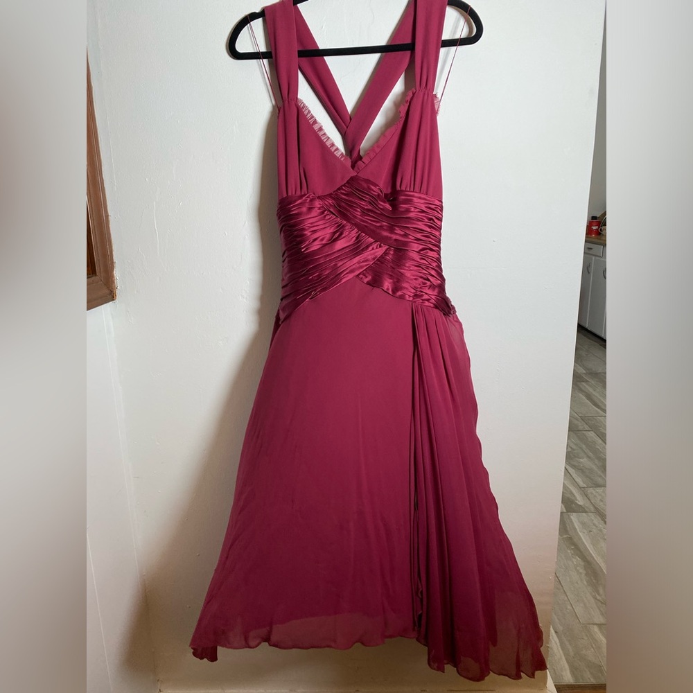 NWT Adrianna Papell Silk V Neck Midi Wedding Party Guest Grad Backless Red 14P